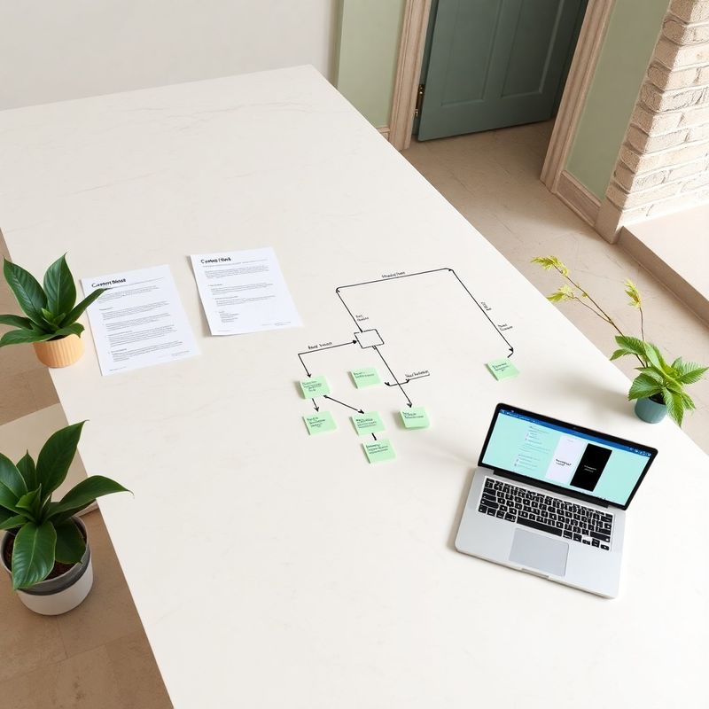 Flat-lay of a structured content workflow with brief templates, sticky notes, and a laptop showing a Notion database