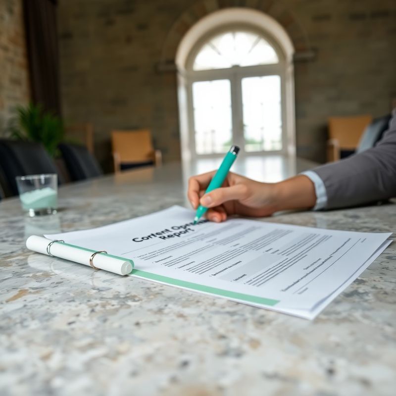 Consultant's hands annotating a printed Content Operations Report on a stone-textured table
