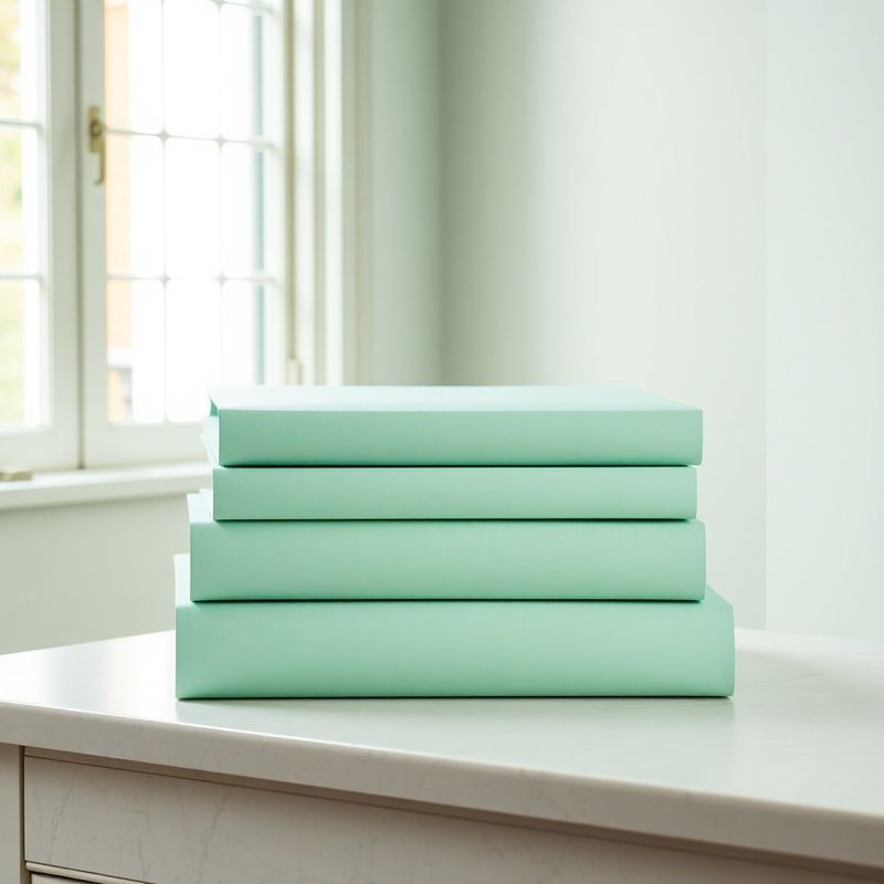 Three stacked proposal folders with mint green binding on a pale stone desk