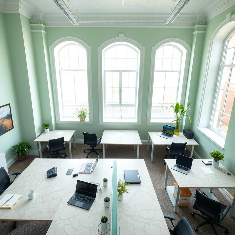 Stone-mint toned open-plan office workspace in Galway with notebooks and laptops